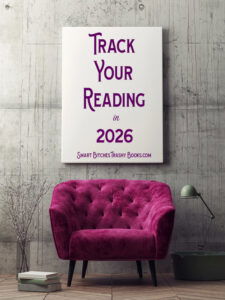 track Your reading in 2026 is written in magenta type on a blank canvas. Below the blank canvas is a pink upholstered chair, with a stack of books, a lamp and a vase of white branches next to it on the floor