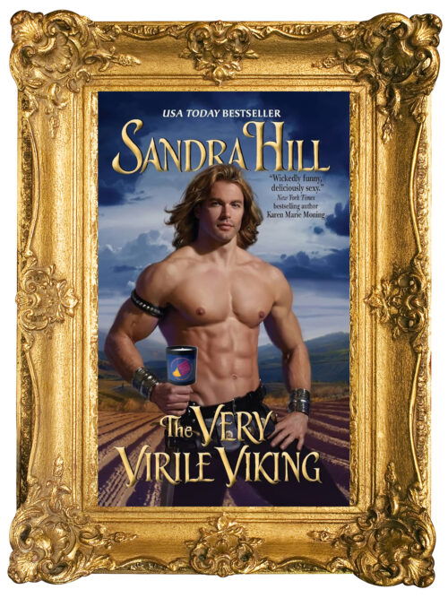 The very virile viking by sandra hill, which features a shirtless man with his hand on a sword hilt and his blonde shoulder length hair blowing back, and there's a candle in his hand!