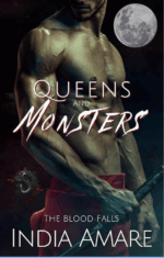 Queens and Monsters by India Amare. A shirtless, headless man is wearing only a red cloth wrapped around his waist. A full moon hangs in the sky. He has a very strong grip on a hilt, like vein poppingly strong. A dragon shaped brooch or emblem is suspending in the air behind his butt.