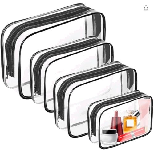 Four clear sided plastic zip top bags in four different sizes. The smallest one has some perfume in it.