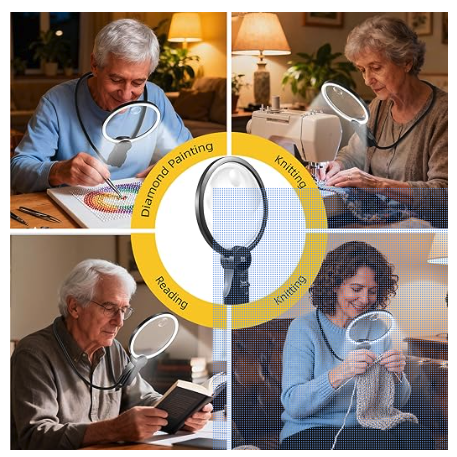 four images of people using a magnifying lamp that hangs from around your neck. There's an older White man diamond painting, another older White man reading, an older White woman sewing but it's labeled as knitting, and in the lower right is a younger White woman with brown hair actually knitting 