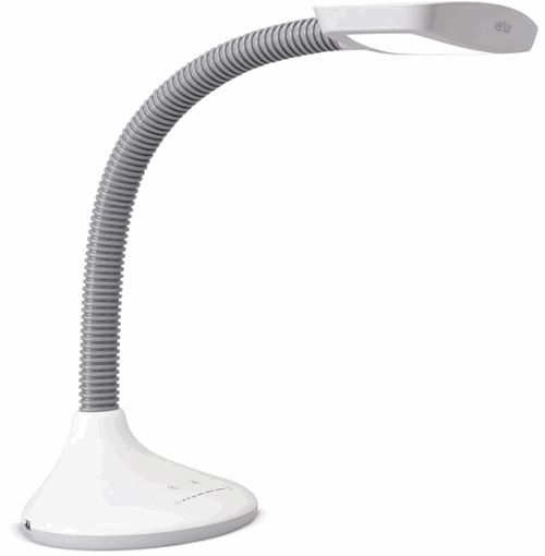 A white lamp with a goose neck that adjust, a square LED light at the top, and a small base with buttons and brightness adjustment buttons