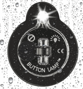 A round black LED button light with a light bulb at the top and a lever in the middle