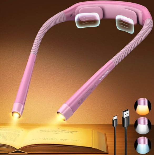 A pink reading lamp that goes behind the neck with two pads at hte back for comfort. The lamps are at either end of the U shaped device, and the full handle is pink