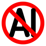 A red circle with a bar over the letters AI signifying NO AI