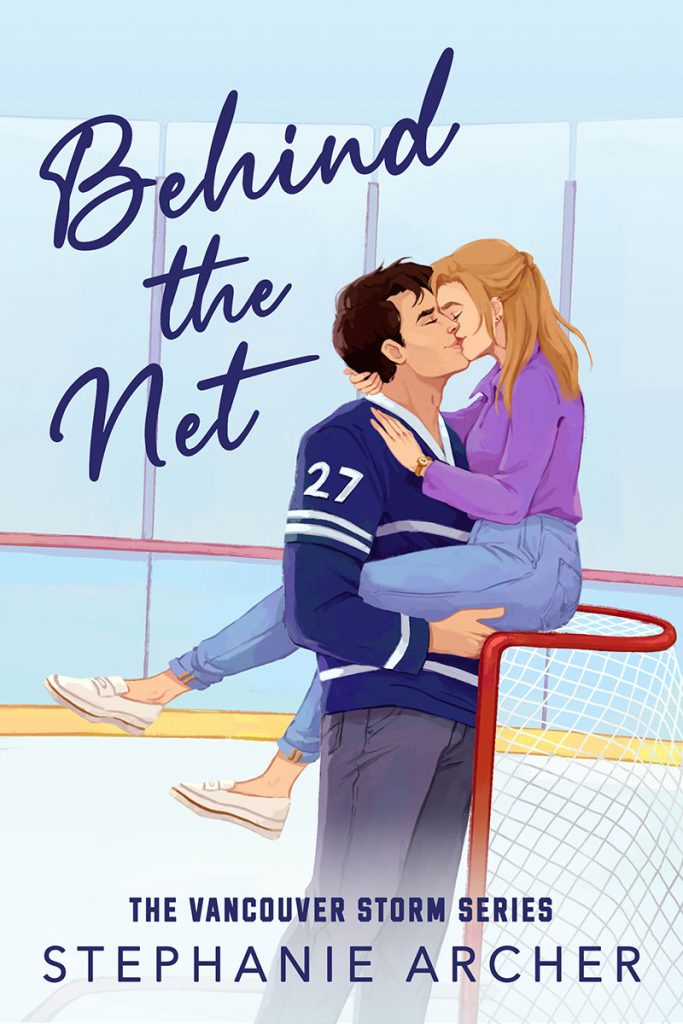 Behind the Net by Stephanie Archer. An illustrated cover. A man in gray pants and a dark blue hockey jersey is lifting up a woman to rest on the metal portion of a hockey net. She has sandy blond hair, light jeans, and a purple sweater, with slip-on boat shoes. 