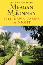 Till Dawn Tames the Night by Meagan McKinney. The cover is just a photograph of a white, sprawling house surrounded by palm trees and tropical plants.