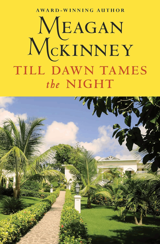 Till Dawn Tames the Night by Meagan McKinney. The cover is just a photograph of a white, sprawling house surrounded by palm trees and tropical plants.