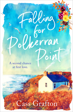 Falling for Polkerran Point by Cass Grafton. A watercolor cover of a small white home on a seaside cliff with a blue sky. But the font is in script and Polkerran looks like Pokemon.