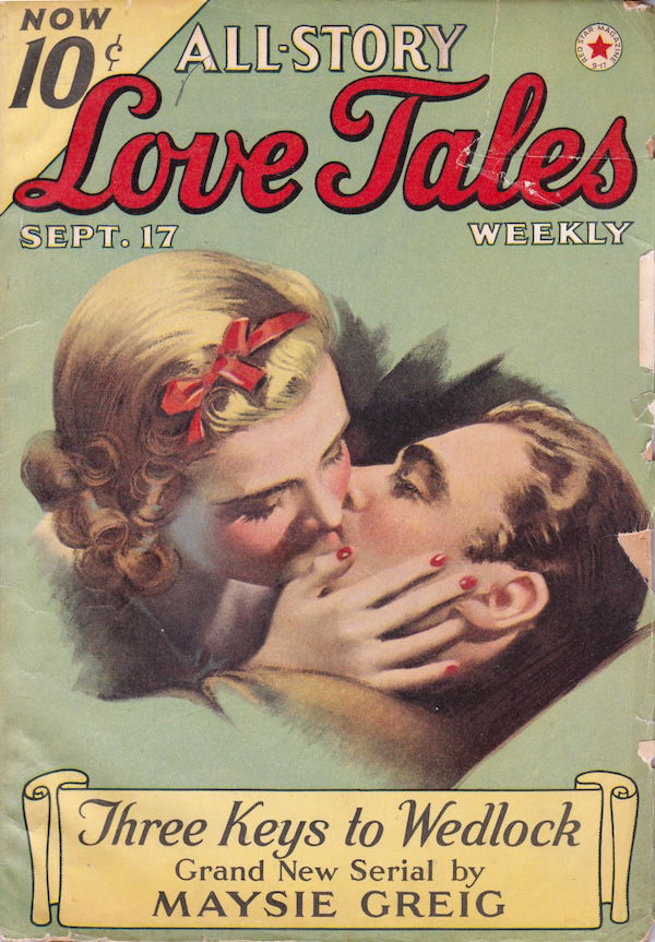 All Story Love Tales September 17 1938 . A close up illustration of a couple kissing where their heads form a heart shape. She has curls around her face and nape tied up with a red ribbon on her head, He has a brown collar - military uniform? - and has slicked back hair. She is kissing him from the dominant position and has one hand on his face. Her nails are red to match the ribbon