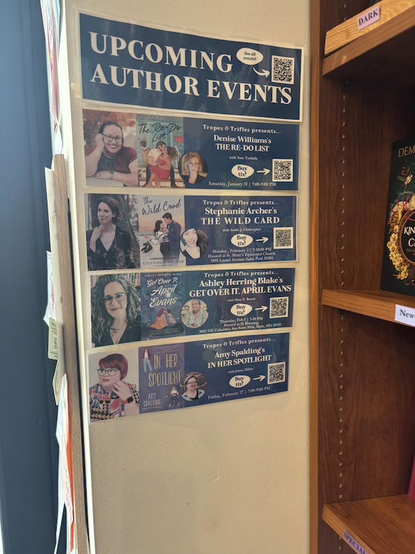 A poster displaying upcoming author events including Denise Williams (The Re-Do List) Stephanie Archer (The Wild Card) Ashley Herring Blake (Get Over It, April Evans) and Amy Spalding (In Her Spotlight)
