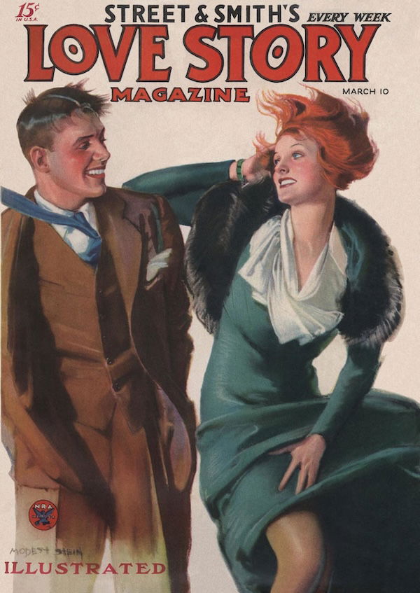 Love Story Magazine March 10 1934. a man in a brown three piece suit and blue tie has his hair slicked in a center part but the wind is picking up the edges. He is smiling at a red haired woman whose hair is blowing in the ind and she is wearing a gorgeous green gown with a fur collar and a white ruffle blouse at the front. her skirt is blowing up and she's holding it down with one hand while her other hand is on her hair