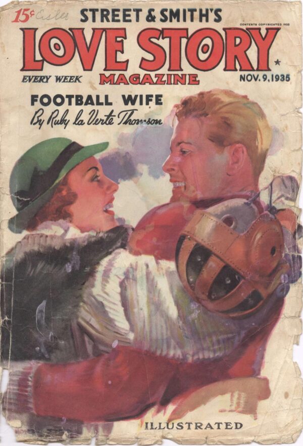 Love Story Magazine November 9 1935 A woman in a green cloche hat with a black ribbon wearing a warm green and white coat is smiling and embracing a blonde man who is wearing a 30s football uniform. She is holding his leather helmet at his shoulder 