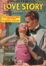 Love Story magazine with a woman in a pink dress and short bobbed dark hair with a man embracing her from behind. he has red hair and a grey tux. The caption reads RED HEADED MEN LIKE PINK.