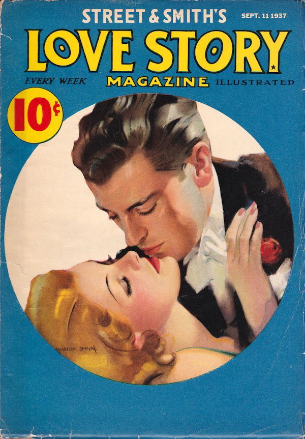 Street and smith's Love Story magazine, from september 11 1937. A man with slicked back hair in a tux with a red rose in the lapel is embracing and dipping a blonde woman who has her eyes closed and one hand on his shoulder