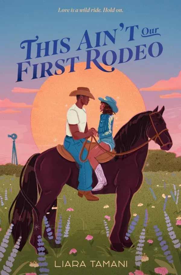 An illustration of a Black man in a White tshirt, cowboy hat and jeans is on a saddle facing a woman in Black woman with a blue fringed jacket, shorts, and a blue hat. Theyre both on the saddle. Facing each other. Like what. 