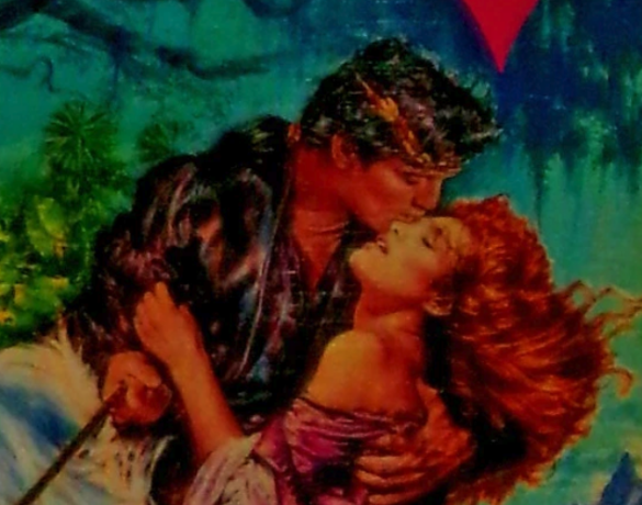 a close up of a man in a black puffy garment with sleeves and a woman with red hair gasping up at him.