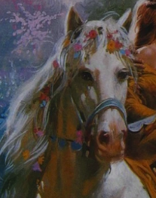 A close up of the horse on the cover, The expression is sort of resigned and also looking directly at the viewer, like do you see what I have to put up with?