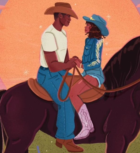 A close up of the illustration with just the couple and the horse's back. They're clearly on some kind of ... something on the horse's back and it looks like a saddle except not. HOW are they both on the saddle FACING each other. 
