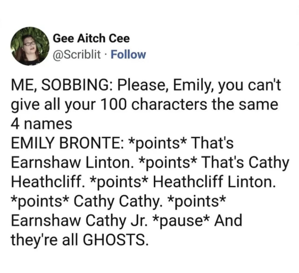 A post from Gee Aitch Cee @scriblit: ME, SOBBING: Please, Emily, you can't give all your 100 characters the same 4 names EMILY BRONTE: *points* That's Earnshaw Linton. *points* That's Cathy Heathcliff. *points* Heathcliff Linton. *points* Cathy Cathy. *points* Earnshaw Cathy Jr. *pause* And they're all GHOSTS.