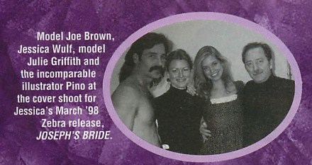 Screenshot from the magazine: Model Joe Brown, Jessica Wulf, Julie Griffith and the incomparable illustrator Pino at the cover shoot for Jessica's March 98 release Joseph's Bride Joe is shirtless, has a long fluffly mullet and a MASSIVE mustache.