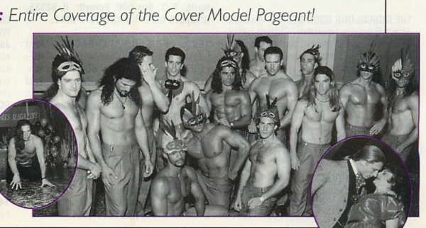 The cover model pageant contestants, all shirtless wearing jeans or sweats, most wearing feathered mardi gras masks there are a LOT of nipples