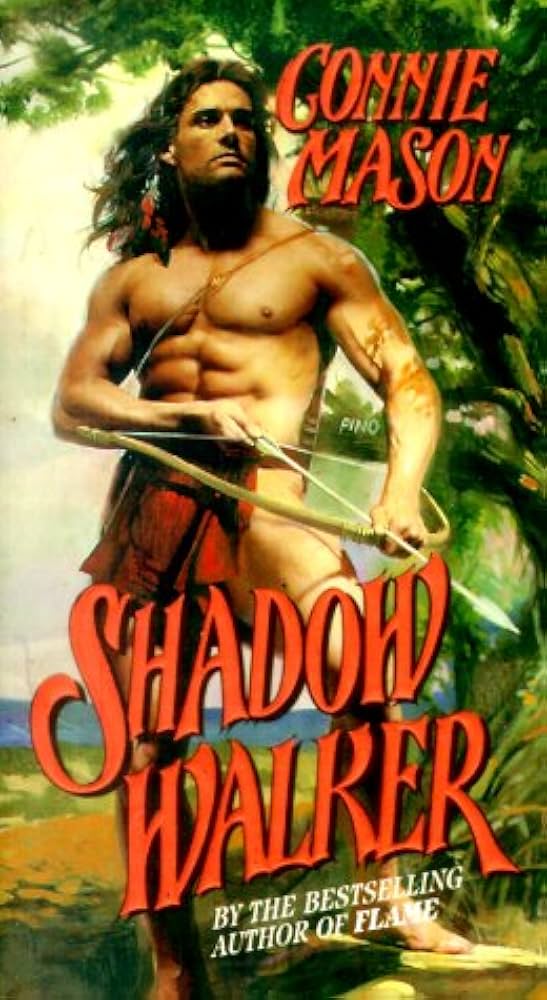 A blurry image of Shadow Walker by Connie Mason featuring John DeSalvo in a loincloth displaying a LOT of haunch, shirtless with dinner roll muscles, a bow and arrow, and feathers in his hair