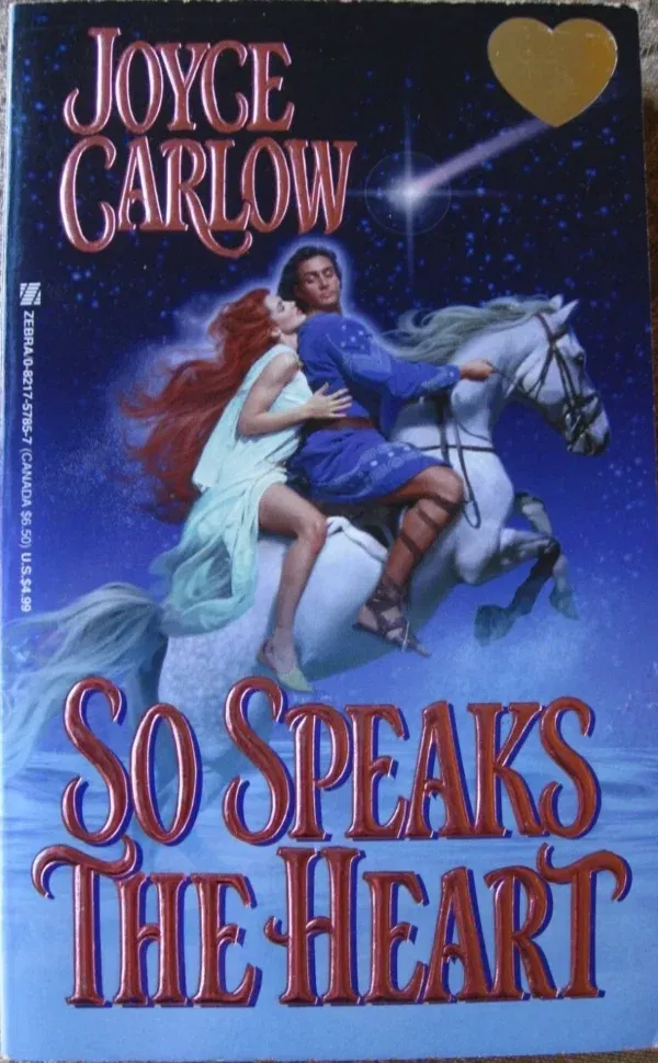 So Speaks the heart by joyce Carlow. a photograph of a white man in a fluffy purple embroidered tunic and gladiator sandals with a woman behind him with long red hair. She's wearing a mint green diaphanous dress, her skirt is hiked up way up her leg, and she's seated behind him on the horse's rump. The horse is leaping out of some clouds or water and looks to be flying through the night sky 