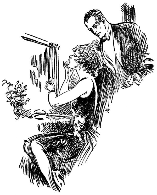 An illustration from The Road Back Home, where a woman sits at a table applying lipstick wearing a sleeveless gown while a man in a tux stands over her possibly gesturing impatiently