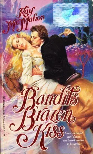 Bandit's Brazen Kiss - a blonde woman in aveil and gown. is straddling the leg of a guy on horseback except because of the position of his back and the horse's flank, he looks like hes half horse 