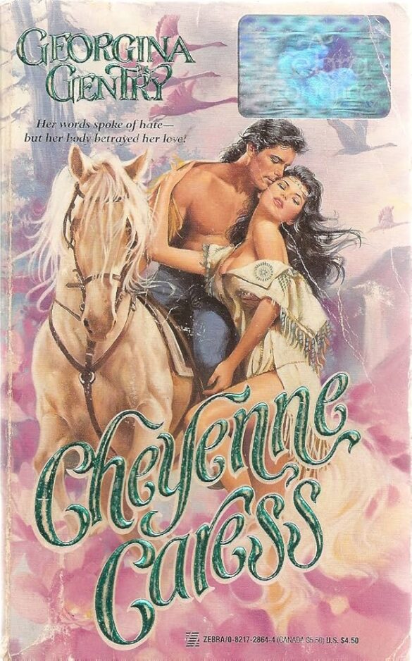 Cheyenne Caress by Georgina Gentry. a shirtless man in blue jeans is on a horse, and beside him is a woman with a fringed buckskin dress off the shoulder with one arm reaching up for his sholder. She is...hanging off the side of the horse