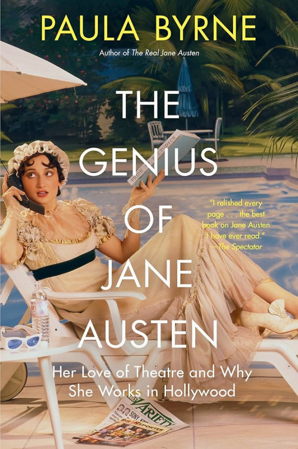 The Genius of Jane Austen - a color photograph of a model dressed as Austen in period garb and bonnet seated at a pool with a giant cell phone and copy of variety in her hand