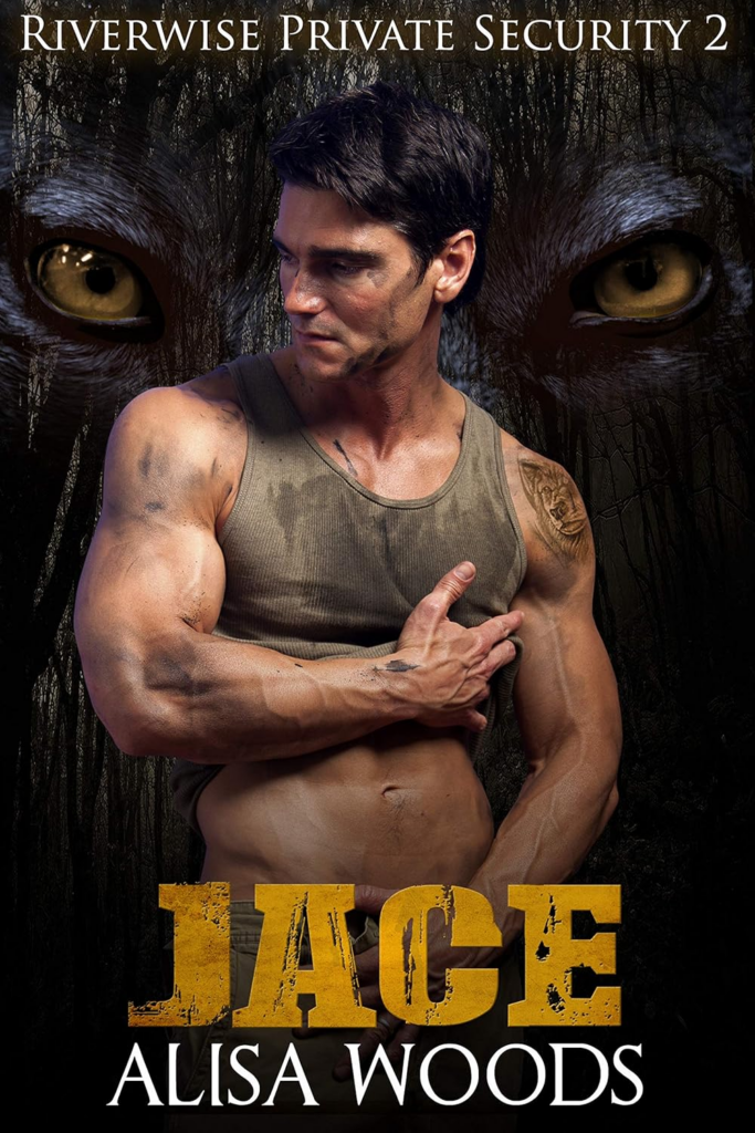 Jace by Alisa Woods. The background is a grainy wolve face with yellow eyes. In the foreground, a man with dark hair is lifting his dirty tank top. There are smears of dirt and/or grease on his arms and torso. One hand is grabbing his pec and the other is at his waistline.