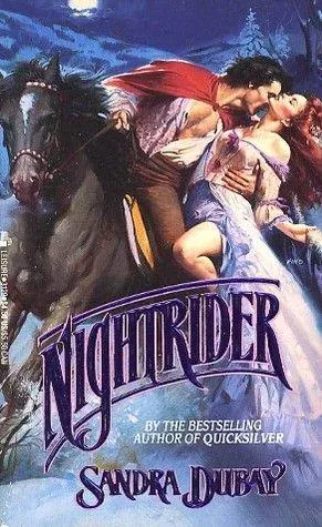 Nightrider by Sandra Dubay. A man in in a shirt unbuttoned but still tucked in AND A RED CAPE on a black horse going rather fast, and either beside or alongside him there is a woman who he is again supporting with one arm. She's in an off the shoulder gown with long very red hair and one leg is showing bent at the knee