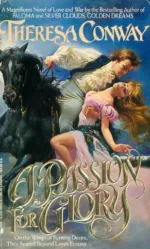 Passion for Glory a man in a white ruffly and puffy shirt and a blue vest is hanging off the side of a black horse in what looks like a gallop, and in one arm he is supporting a blonde lady in pink with long hair and there is NO way they aren't about to fall off