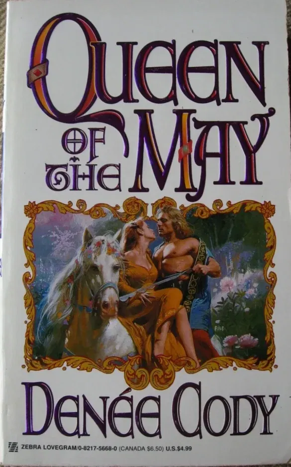 Queen of the May by Denee Cody: A blonde long haired De Salvo is astride a horse wearing a cloak? and no shirt. Pecs are a poppin'. In front of him, cross wise, is a woman in a gold gown who looks like she's about to kiss him.  The horse is white and has flowers in its mane.