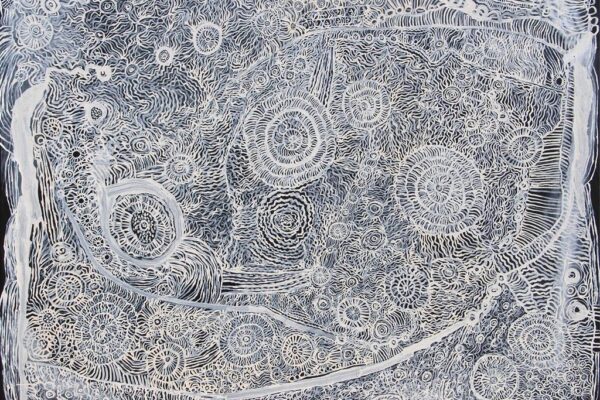 elaborate, delicate patterns in white on a variegated blue background