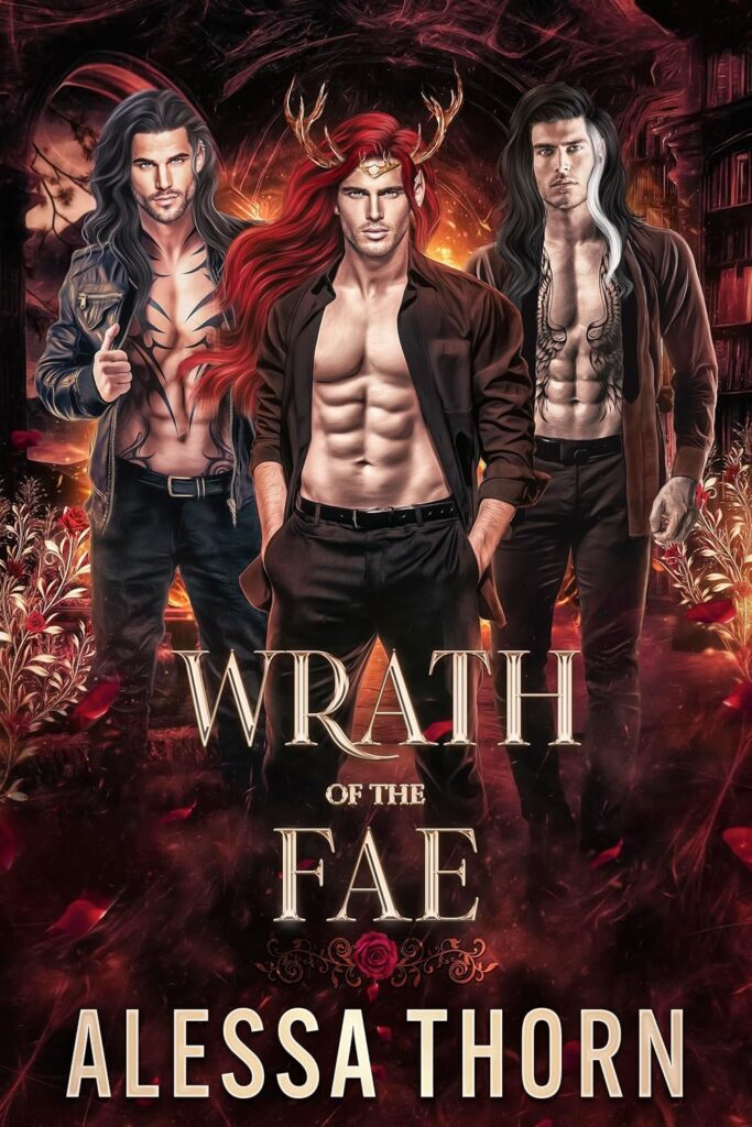 Wrath of the Fae by Alessa Thorn. Three dudes with their shirts unbuttoned. It appears they all have the same face, but with different hair. One has wavy black hair and chest tattoos, another has red waxy hair and antlers, the third has wavy black hair with a strip of white toward the front and more chest tattoos. 