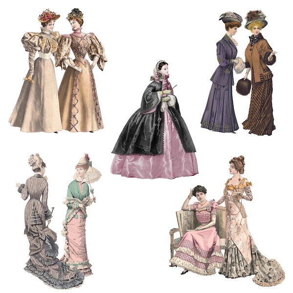 Illustrations of women in Victorian garb in pink, cream, orange and grey similar to cut out paper dolls