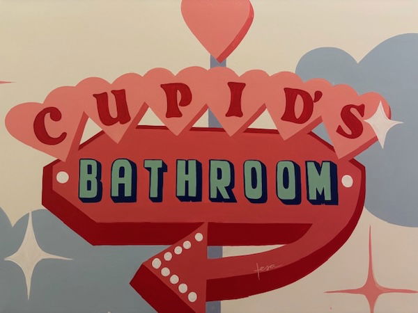 Cupid's Bathroom in the style of an old vegas neon sign