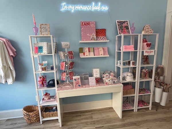 A blue wall with shelves of various sizes and a neon sign that reads In my romance book era