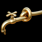 An image of a gold pipe with spigot at the end. There's a drop of gold dripping from the tap, with a full knot in the pipe behind the faucet
