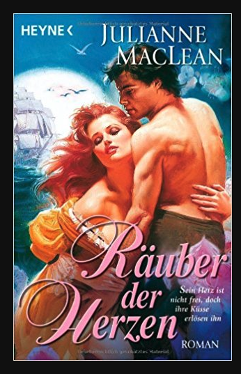 The German Cover of Julianne MacLean's book with a frothy painting of a woman with red hair being held by a shirtless man with a mullet because of course she is
