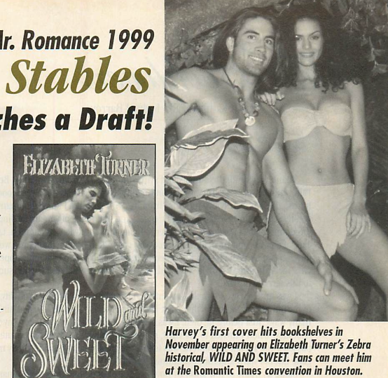 It's Harvey! Black and white photos of a man smiling in a loin cloth with long hair, embracing a woman in a bikini and torn short skirt 