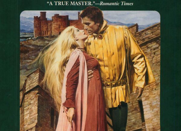 A clip of the full page ad for a Bertrice Small book, A Memory of Love. The man looks green. his skin is greenish. He's wearing an enormous yellow doublet, and he is embracing a woman wearing a long pink gown, with long blonde hair behind her. She has blue eyeshadow on. 
