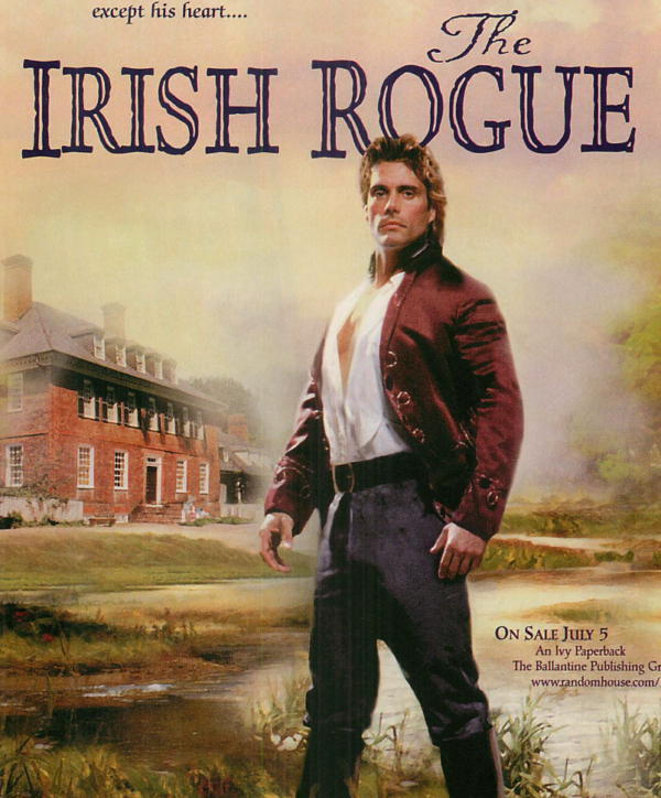 A clip of some of the cover of Irish Rogue, in which DeSalvo is power standing in historical clothing including a red jacket over a white shirt that's open slightly to the waist, black trousers and knee high boots.