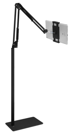 A black floor stand with two flexible arms in a V with a black base and clamp for e reader 