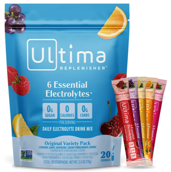 Ultima Replenisher sample pack with individual sleeves of electrolyte flavored powder