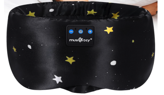 A black silk bluetooth mask with a star pattern on it 