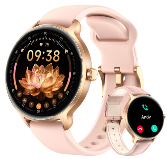 A pink and rose gold smart watch with a gold lotus flower pictured on the screen at 9:38 am. 